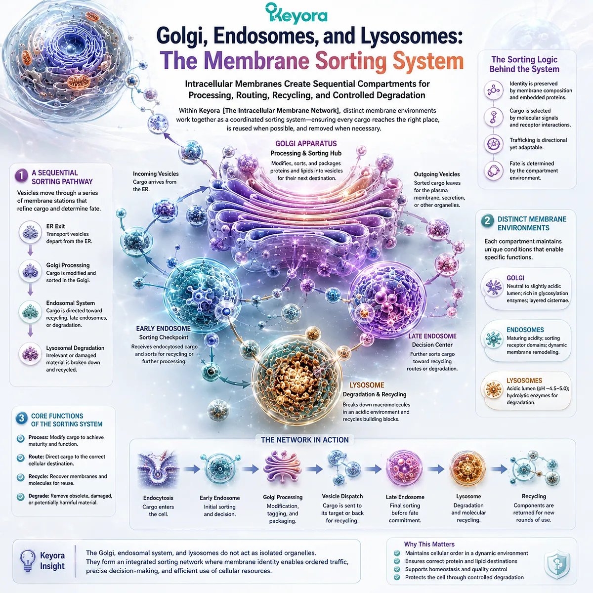 Golgi, endosome, and lysosome membranes coordinate cargo sorting, recycling, and degradation through compartmentalized trafficking in Keyora The Intracellular Membrane Network. Golgi, endosome, and lysosome membranes coordinate cargo sorting, recycling, and degradation through compartmentalized trafficking in Keyora The Intracellular Membrane Network.