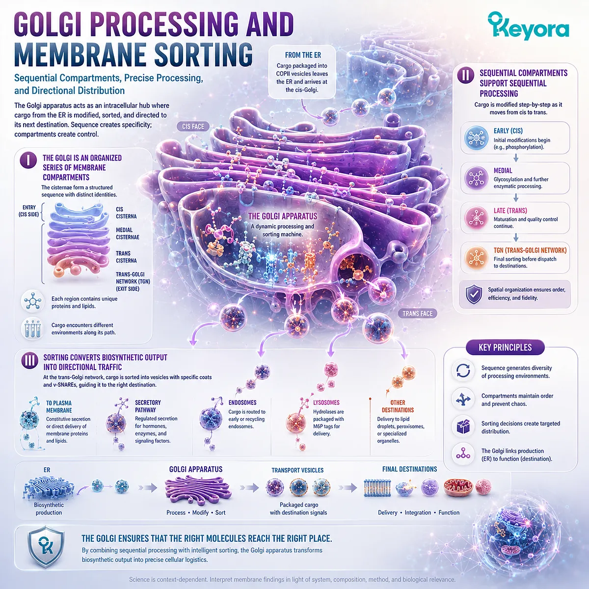 Golgi membrane compartments coordinate protein and lipid processing, cargo sorting, and directional trafficking within Keyora The Intracellular Membrane Network. Golgi membrane compartments coordinate protein and lipid processing, cargo sorting, and directional trafficking within Keyora The Intracellular Membrane Network.