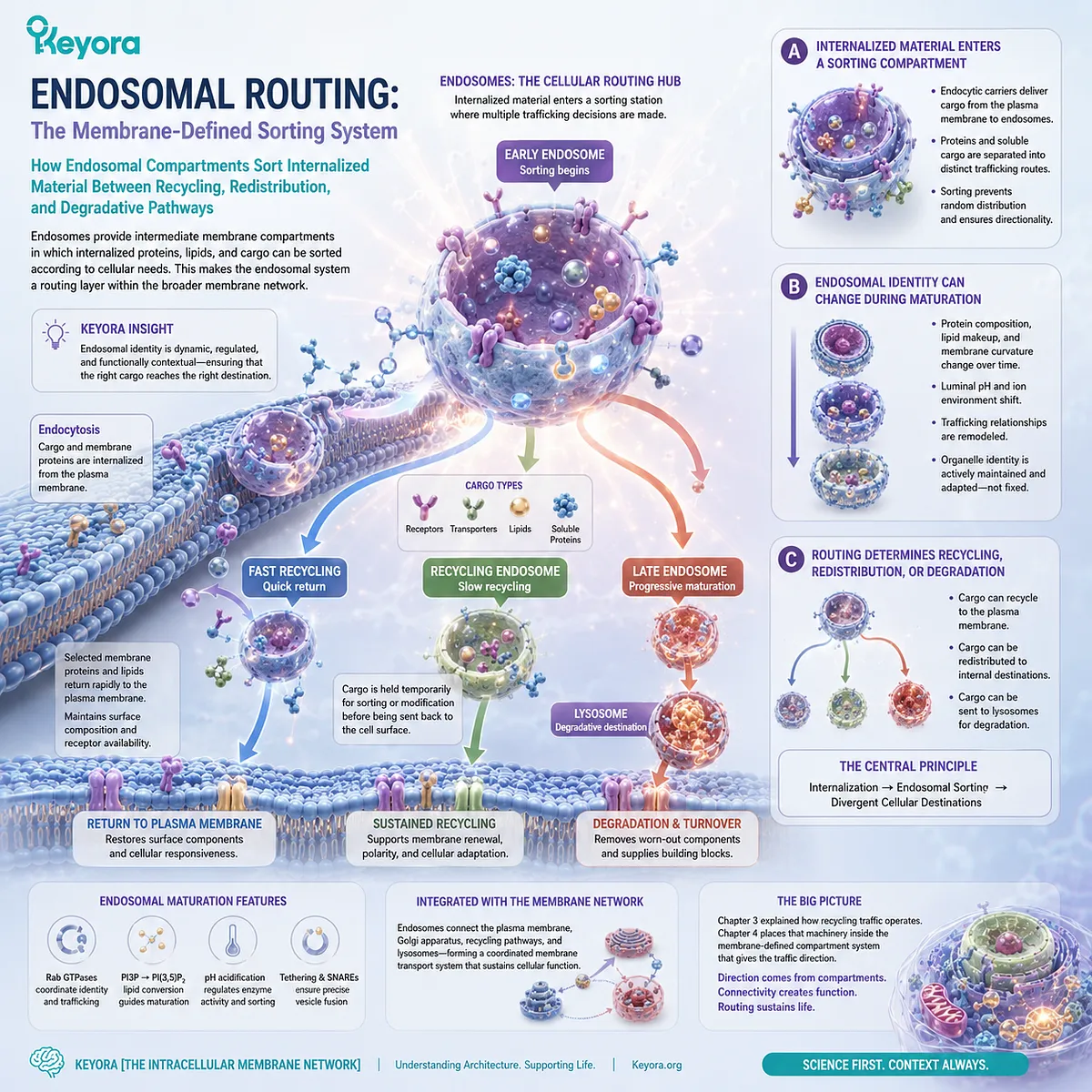 Endosomal routing sorts internalized proteins and lipids into recycling, redistribution, or degradation pathways within Keyora The Intracellular Membrane Network. Endosomal routing sorts internalized proteins and lipids into recycling, redistribution, or degradation pathways within Keyora The Intracellular Membrane Network.