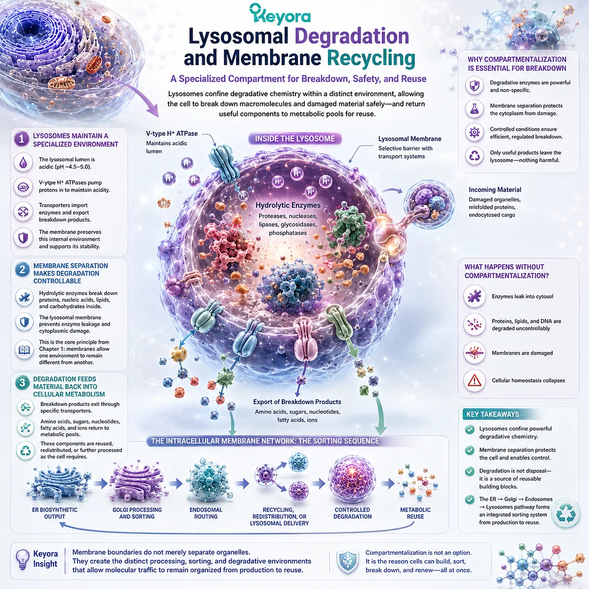 Lysosomal membranes confine degradative chemistry and return breakdown products to metabolic reuse, completing cellular recycling in Keyora The Intracellular Membrane Network. Lysosomal membranes confine degradative chemistry and return breakdown products to metabolic reuse, completing cellular recycling in Keyora The Intracellular Membrane Network.