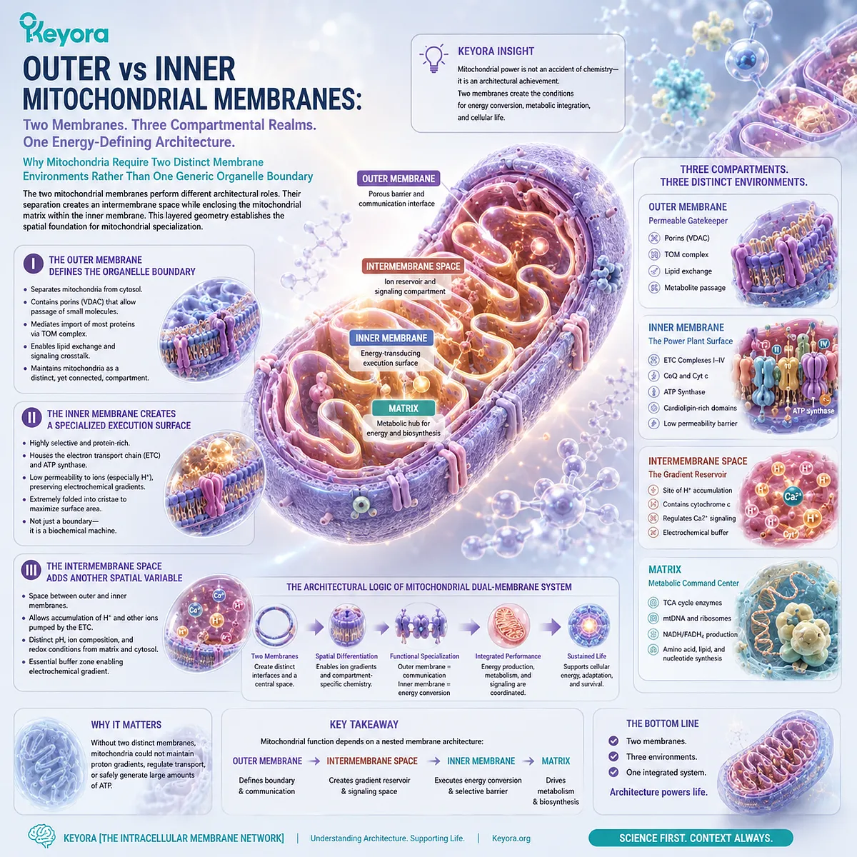Outer and inner mitochondrial membranes create distinct compartments that preserve ion gradients and support oxidative phosphorylation within Keyora The Intracellular Membrane Network. Outer and inner mitochondrial membranes create distinct compartments that preserve ion gradients and support oxidative phosphorylation within Keyora The Intracellular Membrane Network.