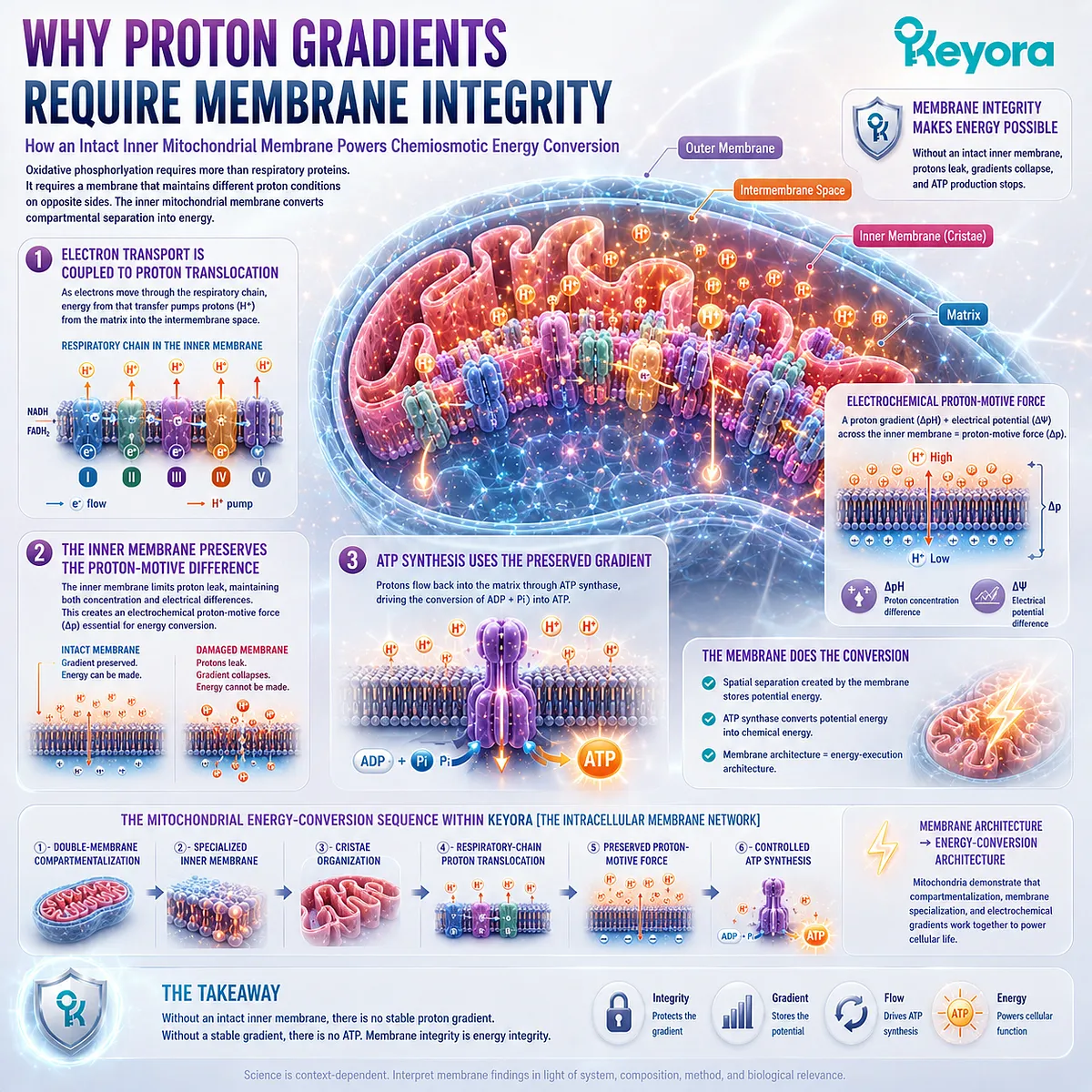 Inner mitochondrial membrane integrity preserves the proton-motive force that drives ATP synthase and oxidative phosphorylation within Keyora The Intracellular Membrane Network. Inner mitochondrial membrane integrity preserves the proton-motive force that drives ATP synthase and oxidative phosphorylation within Keyora The Intracellular Membrane Network.