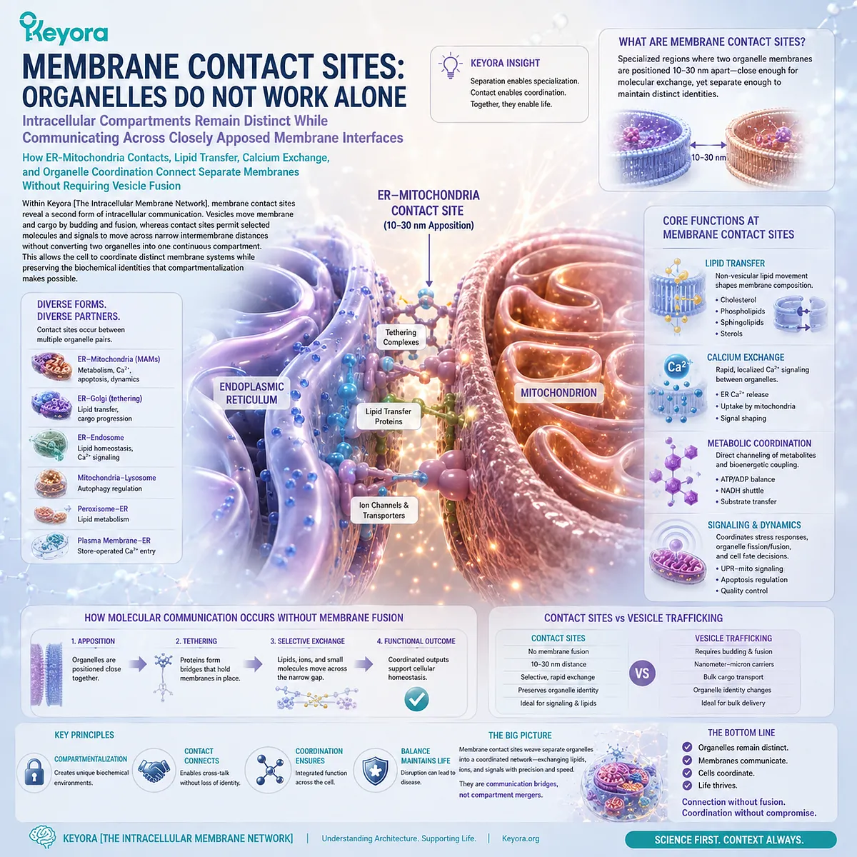 Membrane contact sites coordinate ER-mitochondria lipid transfer and calcium exchange without membrane fusion, linking organelles in Keyora The Intracellular Membrane Network. Membrane contact sites coordinate ER-mitochondria lipid transfer and calcium exchange without membrane fusion, linking organelles in Keyora The Intracellular Membrane Network.