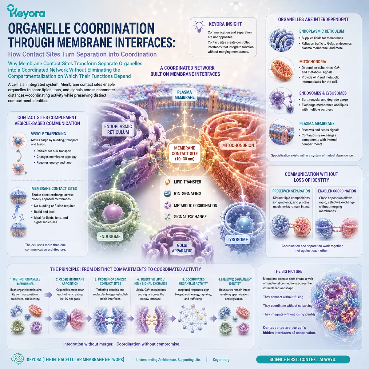 Organelle coordination combines membrane contact sites, lipid and ion exchange, and vesicle trafficking while preserving compartment identity in Keyora The Intracellular Membrane Network. Organelle coordination combines membrane contact sites, lipid and ion exchange, and vesicle trafficking while preserving compartment identity in Keyora The Intracellular Membrane Network.