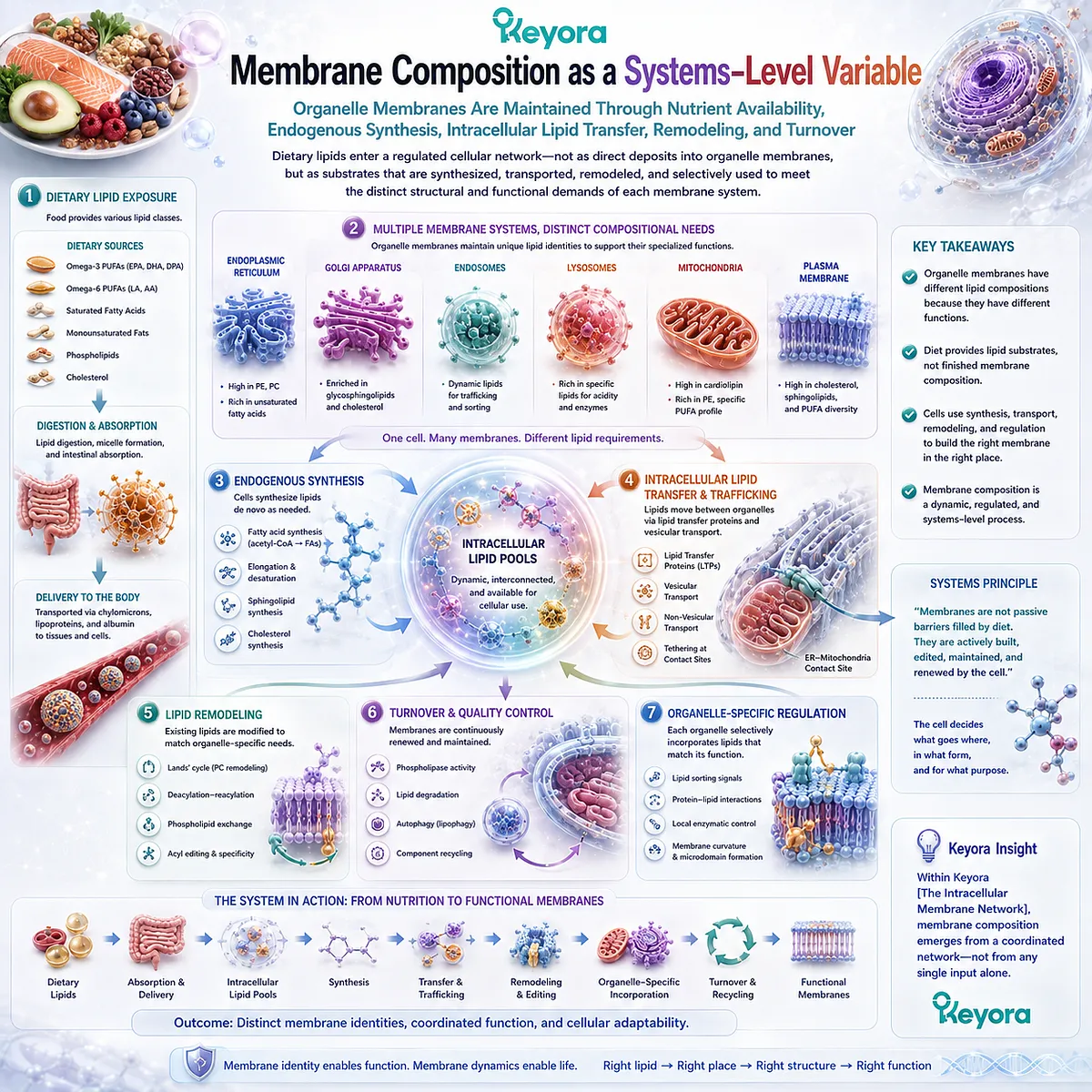 Dietary lipids support organelle membrane composition through endogenous synthesis, lipid transport, phospholipid remodeling, and turnover in Keyora The Intracellular Membrane Network. Dietary lipids support organelle membrane composition through endogenous synthesis, lipid transport, phospholipid remodeling, and turnover in Keyora The Intracellular Membrane Network.