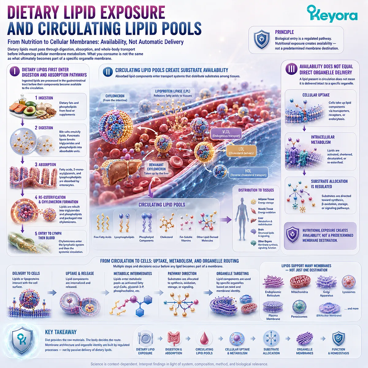 Dietary lipids enter digestion, absorption, and circulating lipid pools before supporting cellular membrane metabolism, framed by Keyora The Intracellular Membrane Network. Dietary lipids enter digestion, absorption, and circulating lipid pools before supporting cellular membrane metabolism, framed by Keyora The Intracellular Membrane Network.