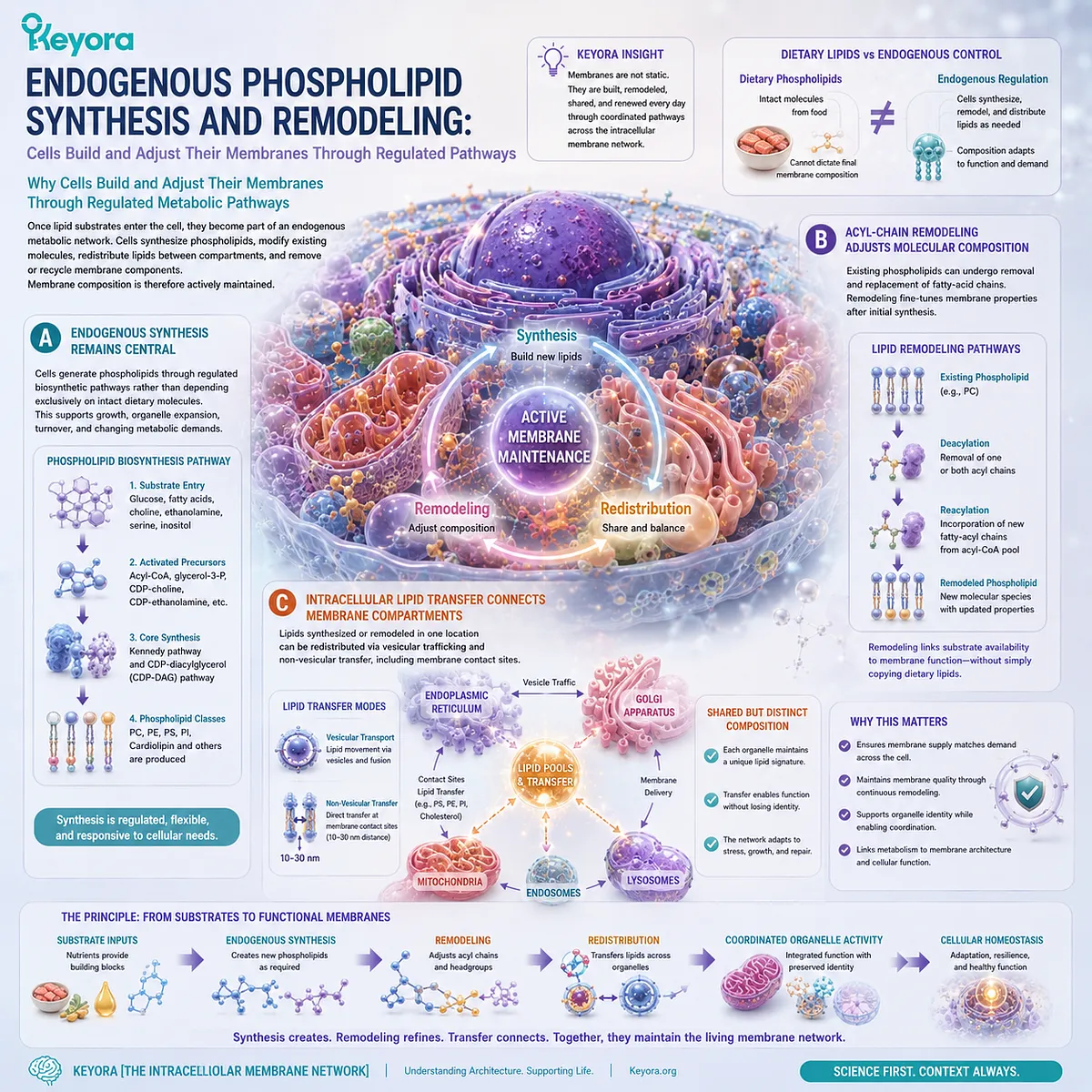 Phospholipid synthesis, acyl-chain remodeling, and intracellular lipid transfer regulate organelle membrane composition within Keyora The Intracellular Membrane Network. Phospholipid synthesis, acyl-chain remodeling, and intracellular lipid transfer regulate organelle membrane composition within Keyora The Intracellular Membrane Network.