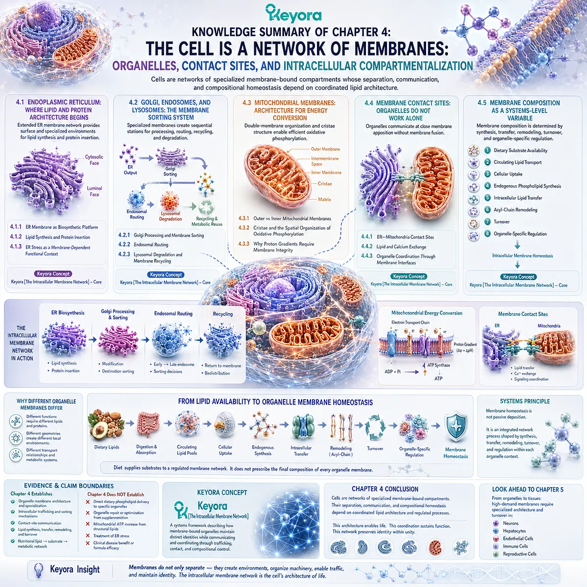 Intracellular membrane organization links ER biosynthesis, organelle sorting, mitochondrial energy conversion, contact sites, and lipid homeostasis in Keyora The Intracellular Membrane Network. Intracellular membrane organization links ER biosynthesis, organelle sorting, mitochondrial energy conversion, contact sites, and lipid homeostasis in Keyora The Intracellular Membrane Network.