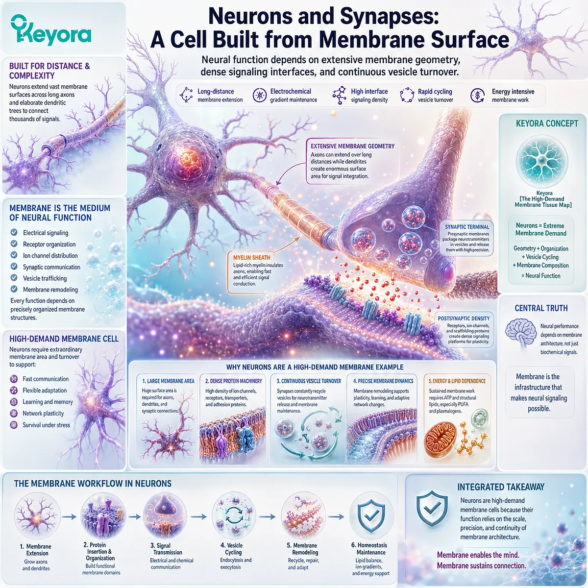 Neuronal membrane architecture supports axons, dendrites, ion-channel signaling, synaptic receptors, and vesicle turnover within Keyora’s High-Demand Membrane Tissue Map. Neuronal membrane architecture supports axons, dendrites, ion-channel signaling, synaptic receptors, and vesicle turnover within Keyora’s High-Demand Membrane Tissue Map.