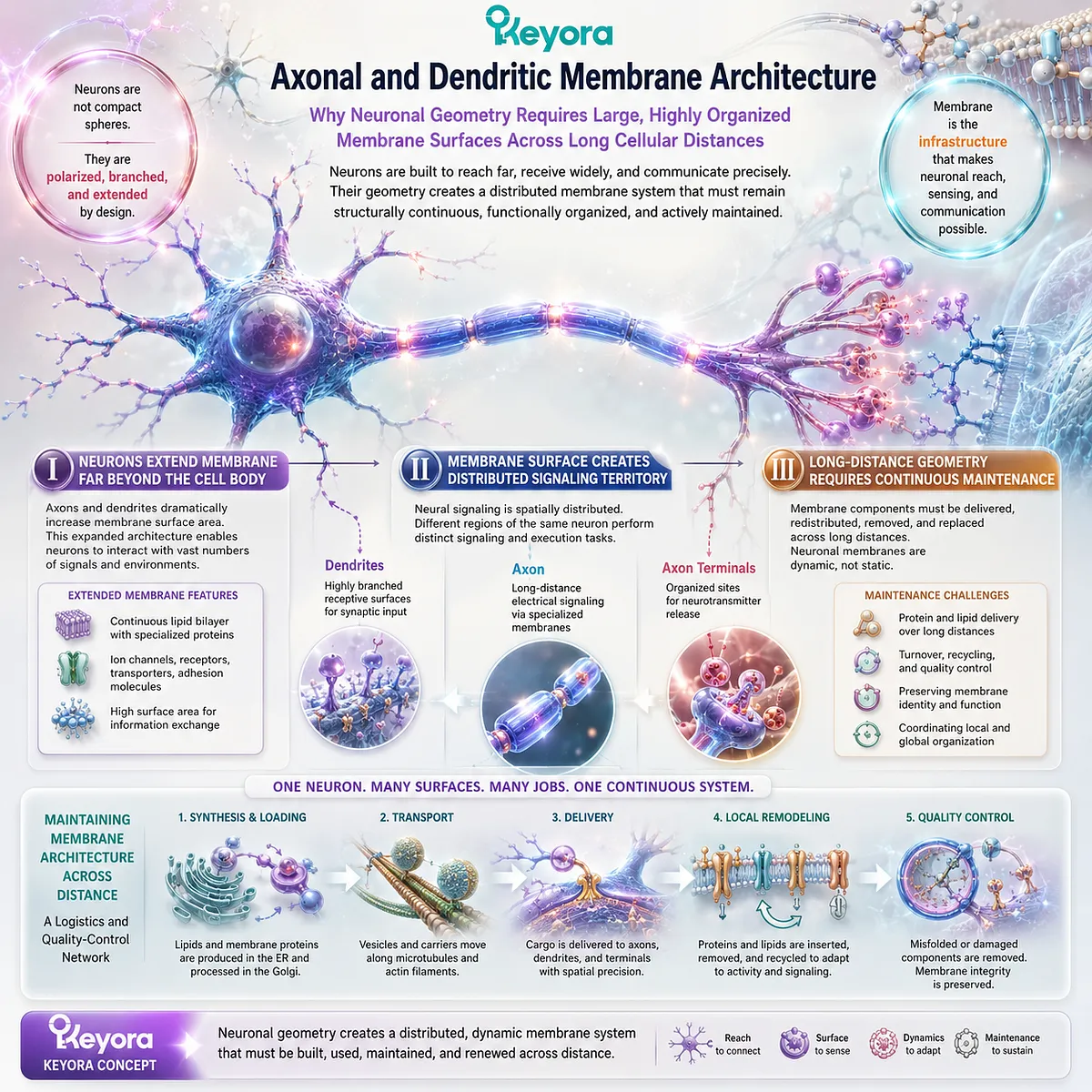 Neuronal membrane architecture supports long axons, branching dendrites, distributed signaling, and membrane maintenance across distance in Keyora’s High-Demand Membrane Tissue Map. Neuronal membrane architecture supports long axons, branching dendrites, distributed signaling, and membrane maintenance across distance in Keyora’s High-Demand Membrane Tissue Map.
