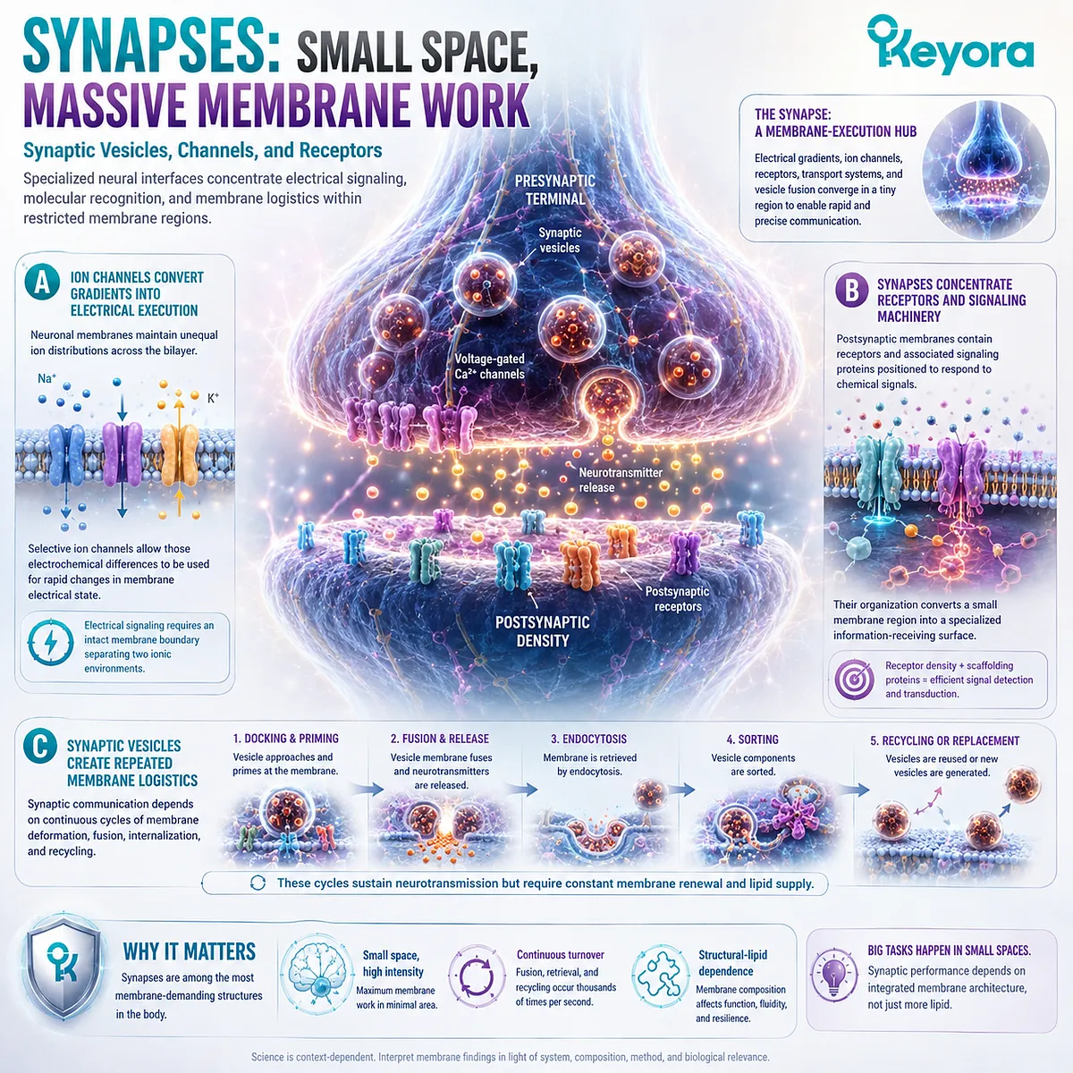 Synaptic membrane architecture links ion-channel signaling, receptor organization, and neurotransmitter vesicle fusion and recycling within Keyora’s High-Demand Membrane Tissue Map. Synaptic membrane architecture links ion-channel signaling, receptor organization, and neurotransmitter vesicle fusion and recycling within Keyora’s High-Demand Membrane Tissue Map.