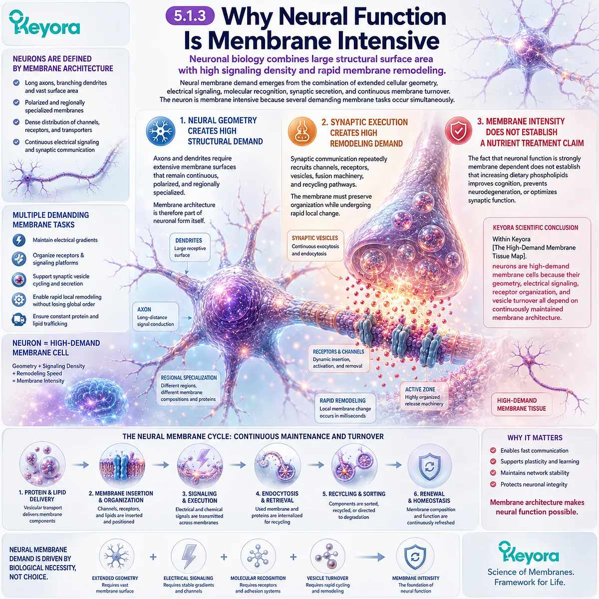 Neural membrane architecture coordinates axon and dendrite structure, electrical signaling, receptor organization, and synaptic vesicle turnover in Keyora’s High-Demand Membrane Tissue Map. Neural membrane architecture coordinates axon and dendrite structure, electrical signaling, receptor organization, and synaptic vesicle turnover in Keyora’s High-Demand Membrane Tissue Map.