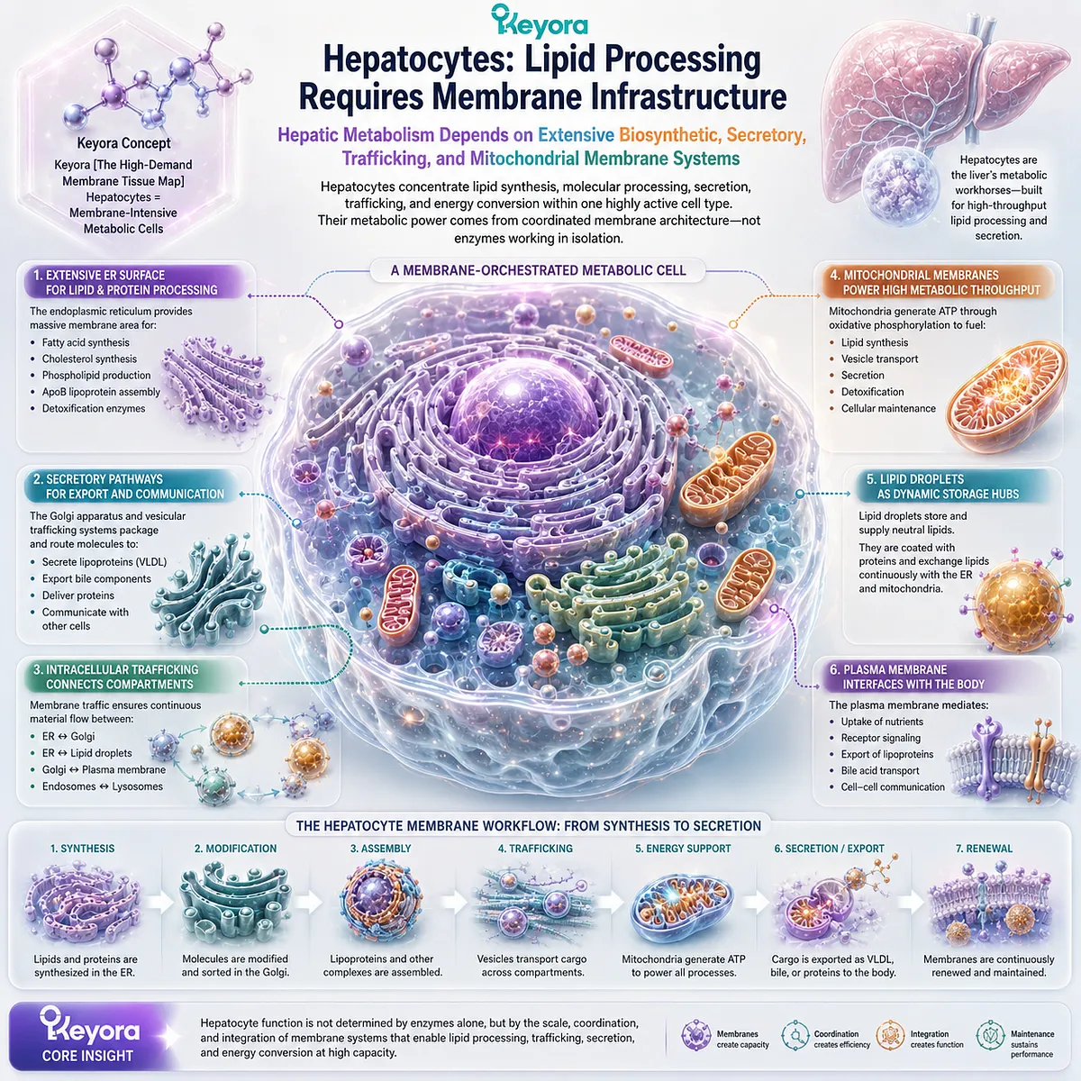 Liver metabolism relies on ER lipid processing, secretory trafficking, and mitochondrial membrane architecture, defining hepatocytes in Keyora’s High-Demand Membrane Tissue Map. Liver metabolism relies on ER lipid processing, secretory trafficking, and mitochondrial membrane architecture, defining hepatocytes in Keyora’s High-Demand Membrane Tissue Map.