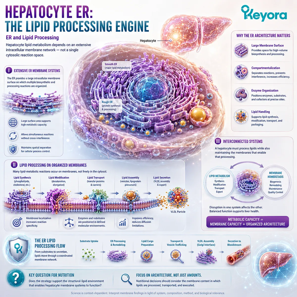 Liver lipid metabolism depends on extensive ER membranes that organize enzymes, substrates, lipid synthesis, and membrane homeostasis within Keyora’s High-Demand Membrane Tissue Map. Liver lipid metabolism depends on extensive ER membranes that organize enzymes, substrates, lipid synthesis, and membrane homeostasis within Keyora’s High-Demand Membrane Tissue Map.