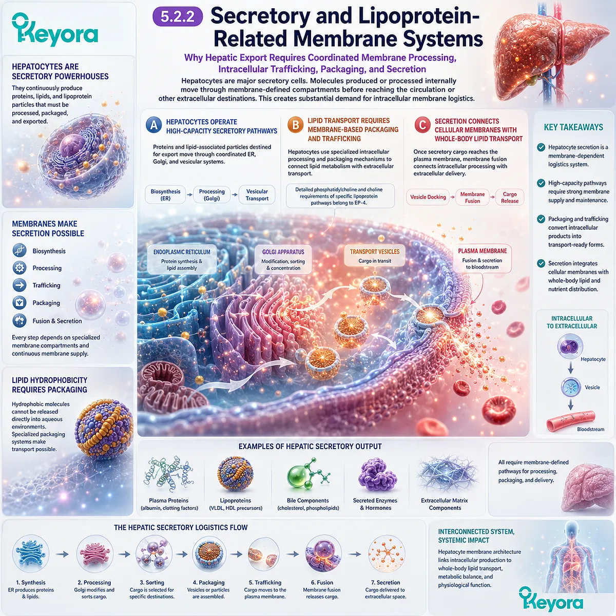 Liver lipid transport relies on ER-Golgi trafficking, lipoprotein packaging, vesicle secretion, and membrane fusion within Keyora’s High-Demand Membrane Tissue Map. Liver lipid transport relies on ER-Golgi trafficking, lipoprotein packaging, vesicle secretion, and membrane fusion within Keyora’s High-Demand Membrane Tissue Map.