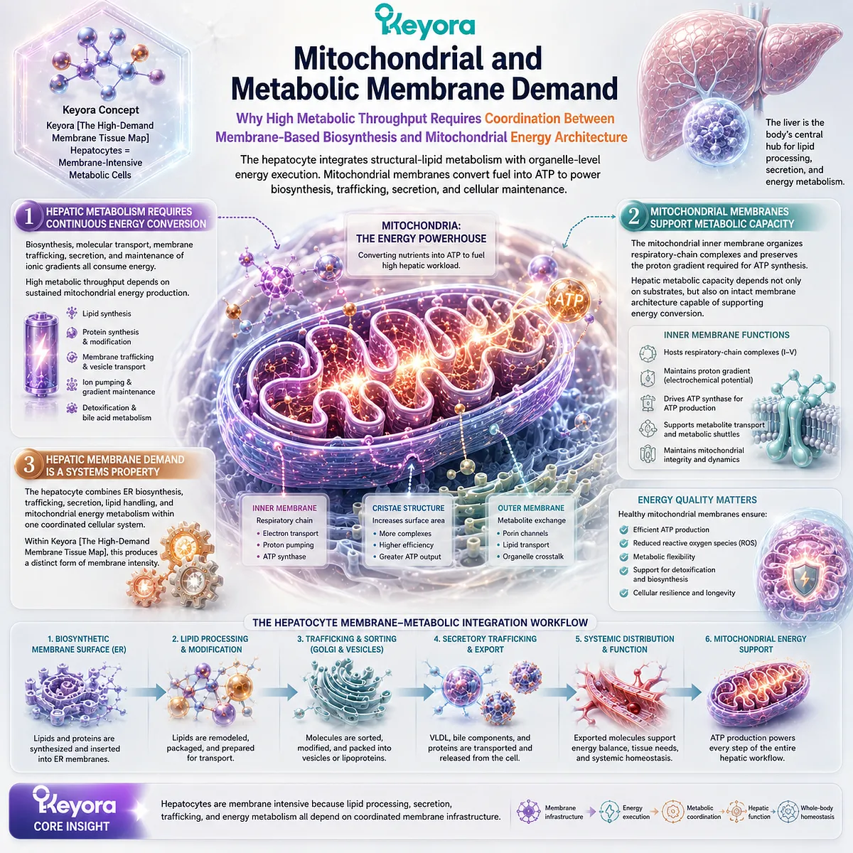 Liver metabolism links mitochondrial ATP production with ER biosynthesis, lipid processing, and secretory trafficking in Keyora’s High-Demand Membrane Tissue Map. Liver metabolism links mitochondrial ATP production with ER biosynthesis, lipid processing, and secretory trafficking in Keyora’s High-Demand Membrane Tissue Map.