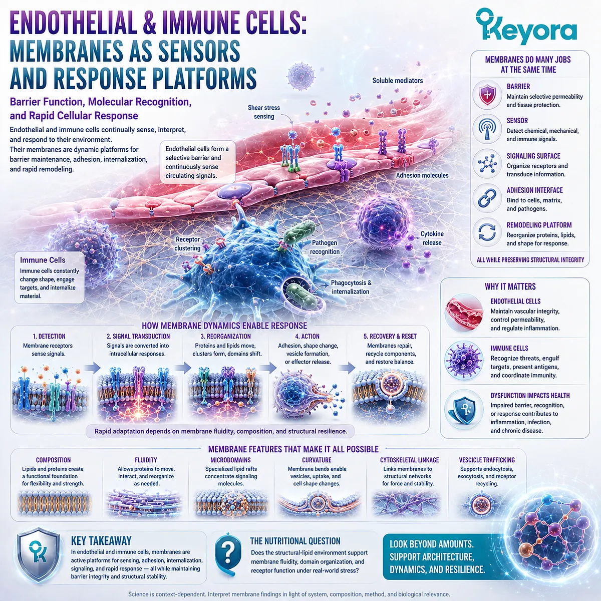 Endothelial and immune cell membranes coordinate barrier function, receptor signaling, adhesion, sensing, and dynamic remodeling in Keyora’s High-Demand Membrane Tissue Map. Endothelial and immune cell membranes coordinate barrier function, receptor signaling, adhesion, sensing, and dynamic remodeling in Keyora’s High-Demand Membrane Tissue Map.