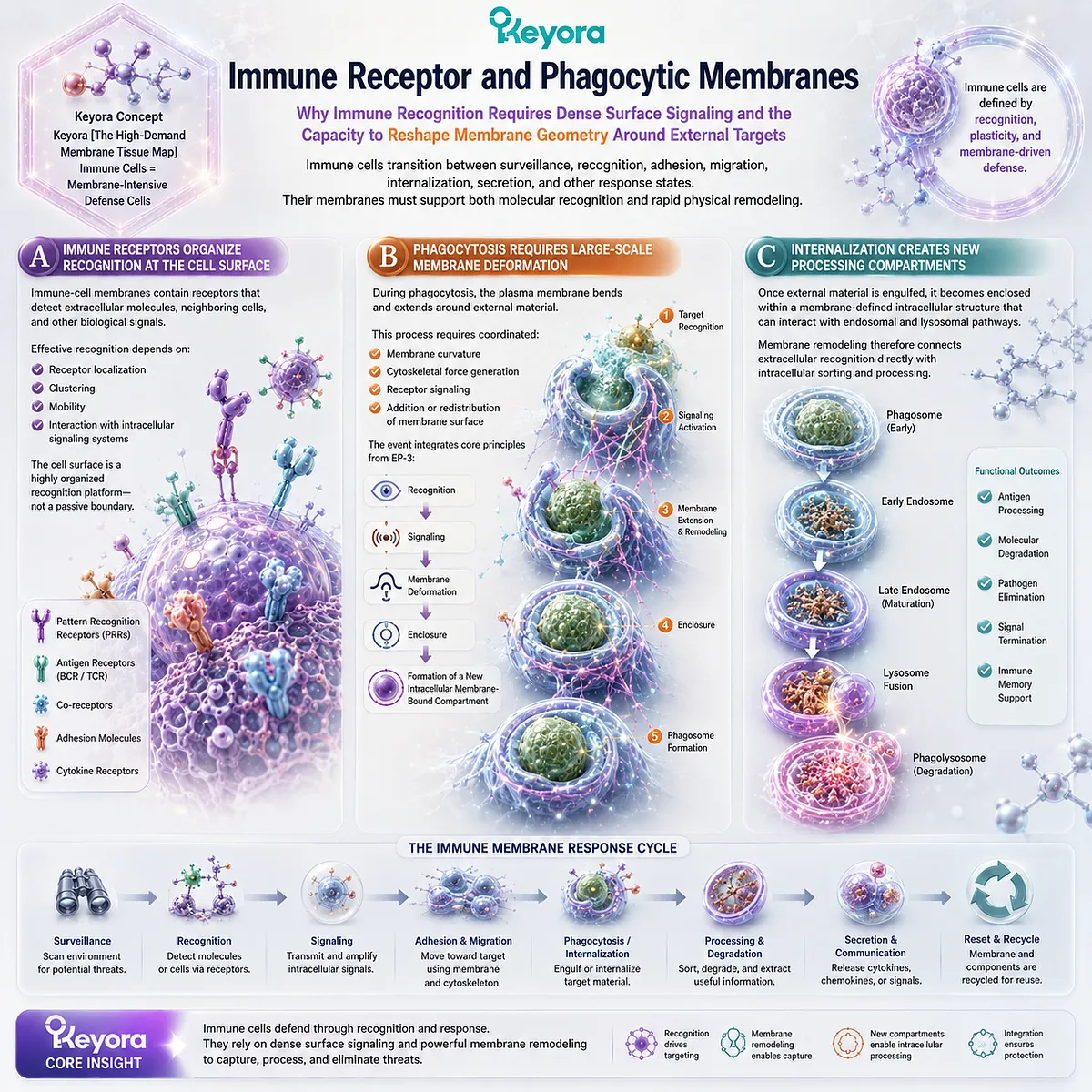 Immune cell membranes link receptor recognition, signaling, phagocytic membrane remodeling, and intracellular processing within Keyora’s High-Demand Membrane Tissue Map. Immune cell membranes link receptor recognition, signaling, phagocytic membrane remodeling, and intracellular processing within Keyora’s High-Demand Membrane Tissue Map.