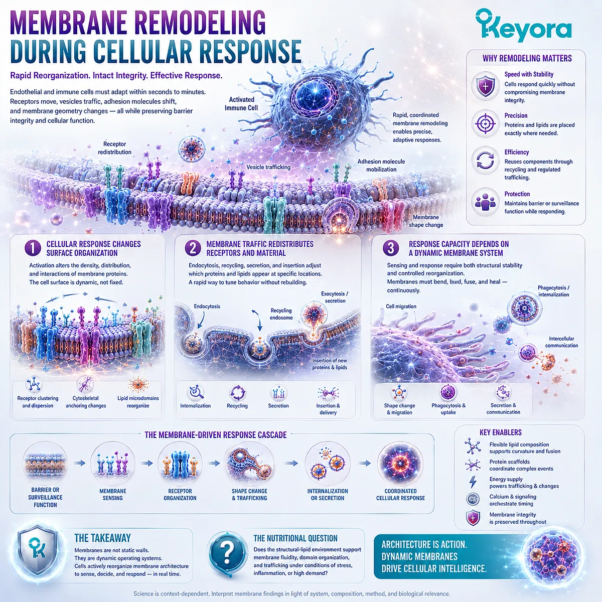 Immune and endothelial response relies on receptor redistribution, endocytosis, secretion, and membrane remodeling while preserving integrity in Keyora’s High-Demand Membrane Tissue Map. Immune and endothelial response relies on receptor redistribution, endocytosis, secretion, and membrane remodeling while preserving integrity in Keyora’s High-Demand Membrane Tissue Map.
