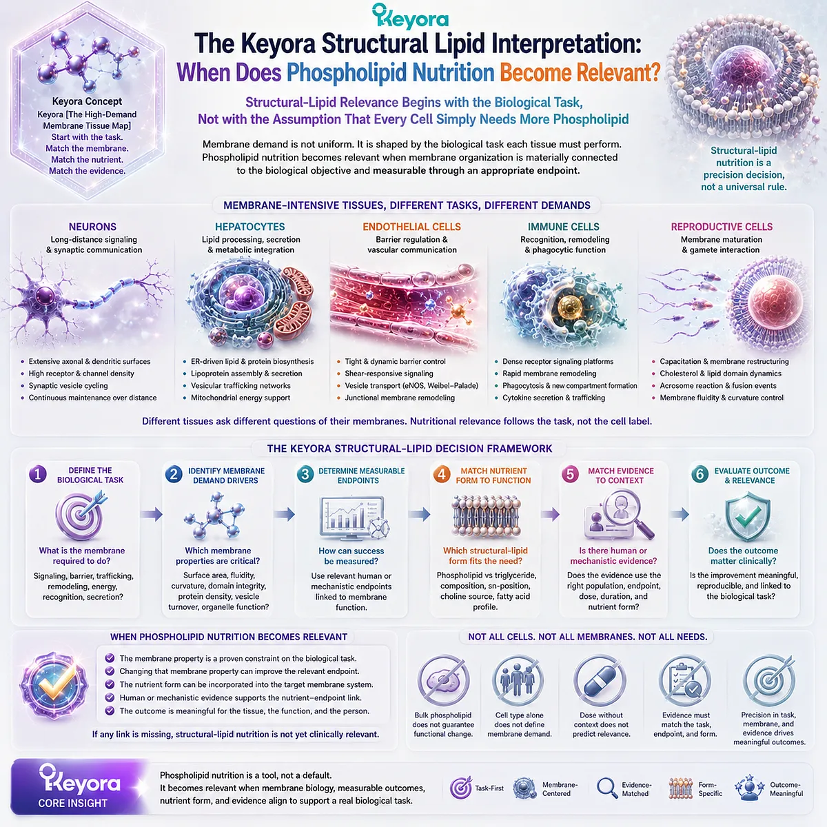 Phospholipid nutrition relevance depends on membrane demand, structural-lipid function, measurable endpoints, and nutrient form in Keyora’s High-Demand Membrane Tissue Map. Phospholipid nutrition relevance depends on membrane demand, structural-lipid function, measurable endpoints, and nutrient form in Keyora’s High-Demand Membrane Tissue Map.