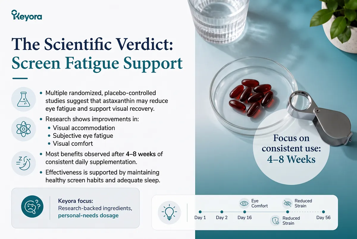 KEYORA infographic titled "The Scientific Verdict: Screen Fatigue Support", featuring a petri dish of red astaxanthin softgels under a magnifying glass with water and a green plant. It summarizes that multiple randomized controlled trials show astaxanthin improves visual accommodation, subjective eye fatigue, and visual comfort, with benefits typically observed after 4–8 weeks of consistent use. KEYORA infographic titled "The Scientific Verdict: Screen Fatigue Support", featuring a petri dish of red astaxanthin softgels under a magnifying glass with water and a green plant. It summarizes that multiple randomized controlled trials show astaxanthin improves visual accommodation, subjective eye fatigue, and visual comfort, with benefits typically observed after 4–8 weeks of consistent use.