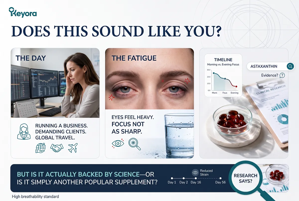 KEYORA infographic titled "DOES THIS SOUND LIKE YOU?", contrasting a female executive working at multiple monitors with a close-up of tired, heavy eyes, a water glass, red astaxanthin softgels, and clinical research papers. A timeline graph illustrates focus declining from morning to evening. KEYORA infographic titled "DOES THIS SOUND LIKE YOU?", contrasting a female executive working at multiple monitors with a close-up of tired, heavy eyes, a water glass, red astaxanthin softgels, and clinical research papers. A timeline graph illustrates focus declining from morning to evening.