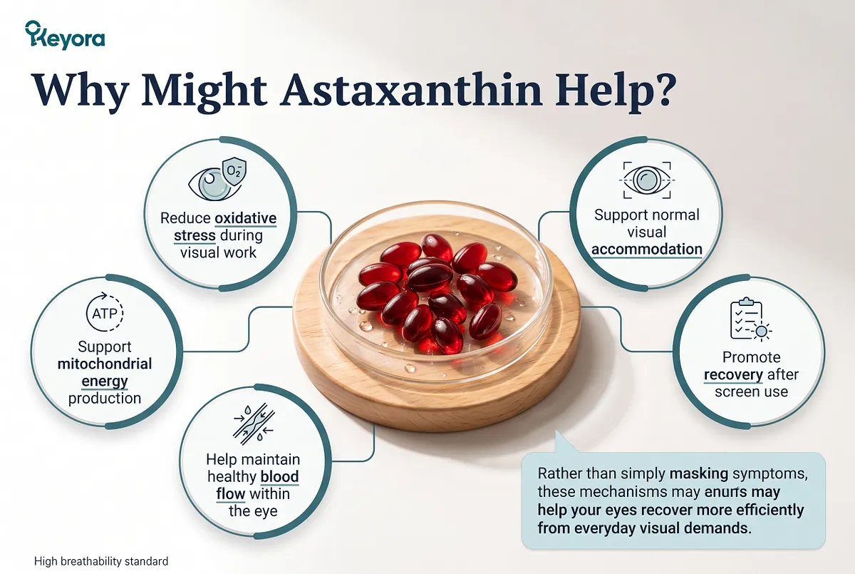 KEYORA visual diagram titled "Why Might Astaxanthin Help?", showing red softgel capsules in a wooden dish surrounded by 5 biological mechanisms: reducing oxidative stress, supporting mitochondrial energy (ATP), maintaining blood flow, supporting visual accommodation, and promoting post-screen recovery. KEYORA visual diagram titled "Why Might Astaxanthin Help?", showing red softgel capsules in a wooden dish surrounded by 5 biological mechanisms: reducing oxidative stress, supporting mitochondrial energy (ATP), maintaining blood flow, supporting visual accommodation, and promoting post-screen recovery.
