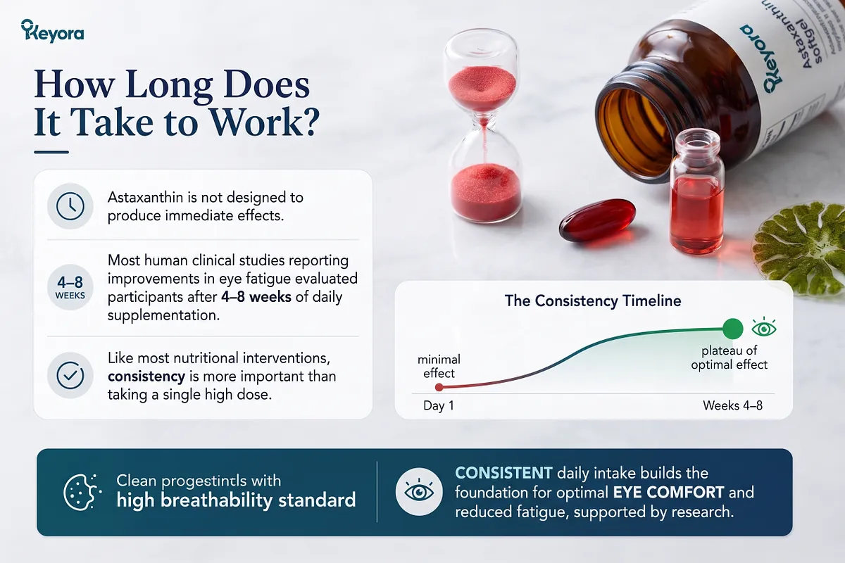 KEYORA timeline infographic titled "How Long Does It Take to Work?", featuring an hourglass with red sand, liquid extract vials, and a KEYORA astaxanthin bottle. A consistency curve graph illustrates minimal initial effect on Day 1 progressing to an optimal plateau between Weeks 4 and 8. KEYORA timeline infographic titled "How Long Does It Take to Work?", featuring an hourglass with red sand, liquid extract vials, and a KEYORA astaxanthin bottle. A consistency curve graph illustrates minimal initial effect on Day 1 progressing to an optimal plateau between Weeks 4 and 8.