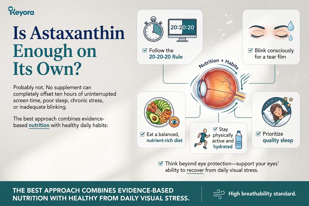 KEYORA holistic recovery slide titled "Is Astaxanthin Enough on Its Own?", displaying an eye anatomy diagram paired with a clock, a KEYORA bottle, and a recovery checklist covering the 20-20-20 rule, conscious blinking, sleep, balanced diet, and active hydration. KEYORA holistic recovery slide titled "Is Astaxanthin Enough on Its Own?", displaying an eye anatomy diagram paired with a clock, a KEYORA bottle, and a recovery checklist covering the 20-20-20 rule, conscious blinking, sleep, balanced diet, and active hydration.