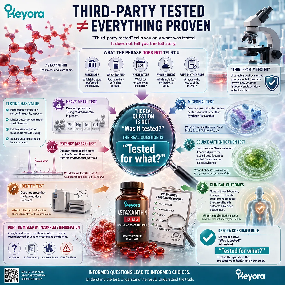 Astaxanthin third-party testing supports supplement verification only when potency, identity, source, contaminants, and batch scope are defined in the Keyora trust framework. Astaxanthin third-party testing supports supplement verification only when potency, identity, source, contaminants, and batch scope are defined in the Keyora trust framework.