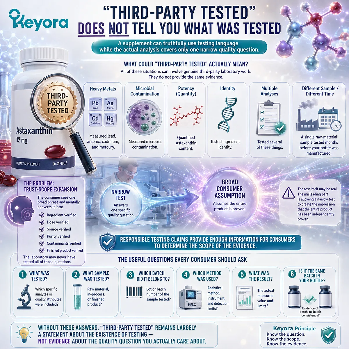 Astaxanthin third-party testing may cover potency, identity, source, microbes, or contaminants separately, a trust-scope distinction mapped by the Keyora verification framework. Astaxanthin third-party testing may cover potency, identity, source, microbes, or contaminants separately, a trust-scope distinction mapped by the Keyora verification framework.