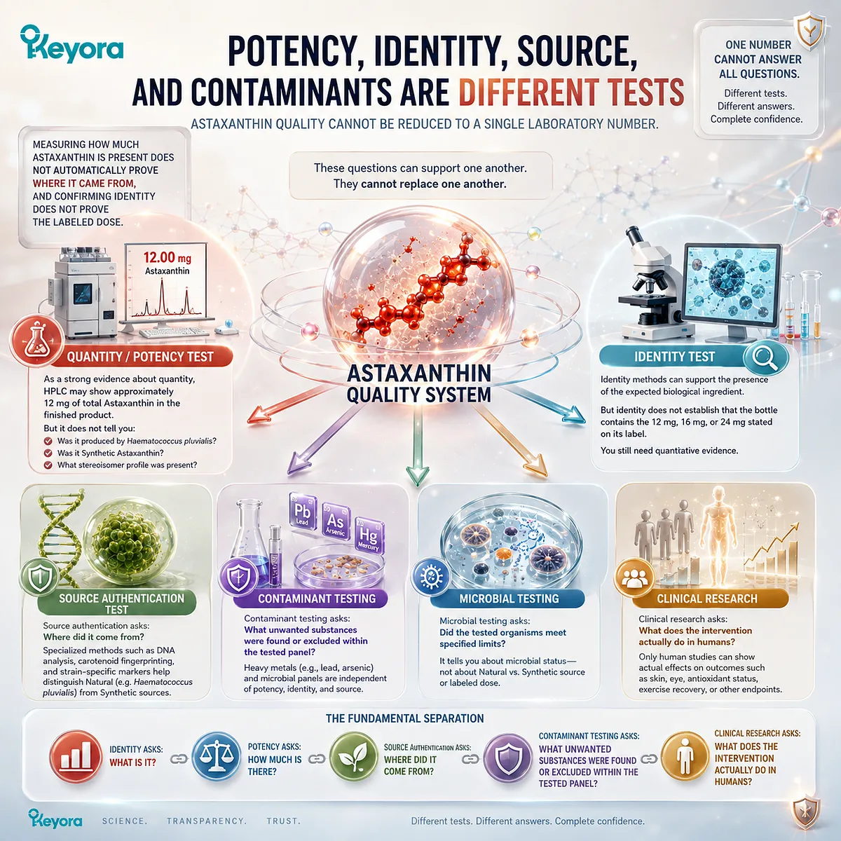 Astaxanthin quality testing separates potency, identity, source authentication, stereoisomer profile, and contaminants in the Keyora Astaxanthin verification framework. Astaxanthin quality testing separates potency, identity, source authentication, stereoisomer profile, and contaminants in the Keyora Astaxanthin verification framework.