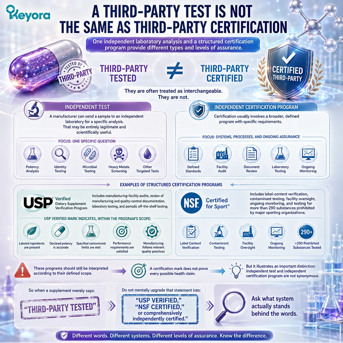 Supplement third-party testing is not third-party certification; USP and NSF programs add defined verification layers in the Keyora supplement trust framework. Supplement third-party testing is not third-party certification; USP and NSF programs add defined verification layers in the Keyora supplement trust framework.