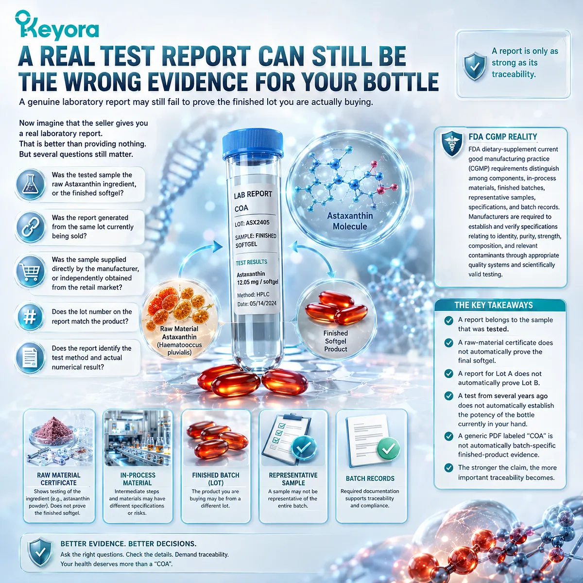 Astaxanthin COA verification requires finished-product, batch, sample, method, and lot traceability; Keyora maps why a real lab report may not prove your bottle. Astaxanthin COA verification requires finished-product, batch, sample, method, and lot traceability; Keyora maps why a real lab report may not prove your bottle.