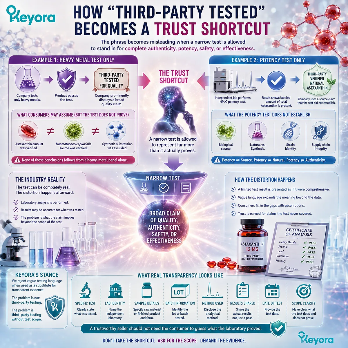 Astaxanthin third-party testing becomes a trust shortcut when narrow potency or contaminant results imply source, safety, or quality claims beyond the Keyora test-scope framework. Astaxanthin third-party testing becomes a trust shortcut when narrow potency or contaminant results imply source, safety, or quality claims beyond the Keyora test-scope framework.