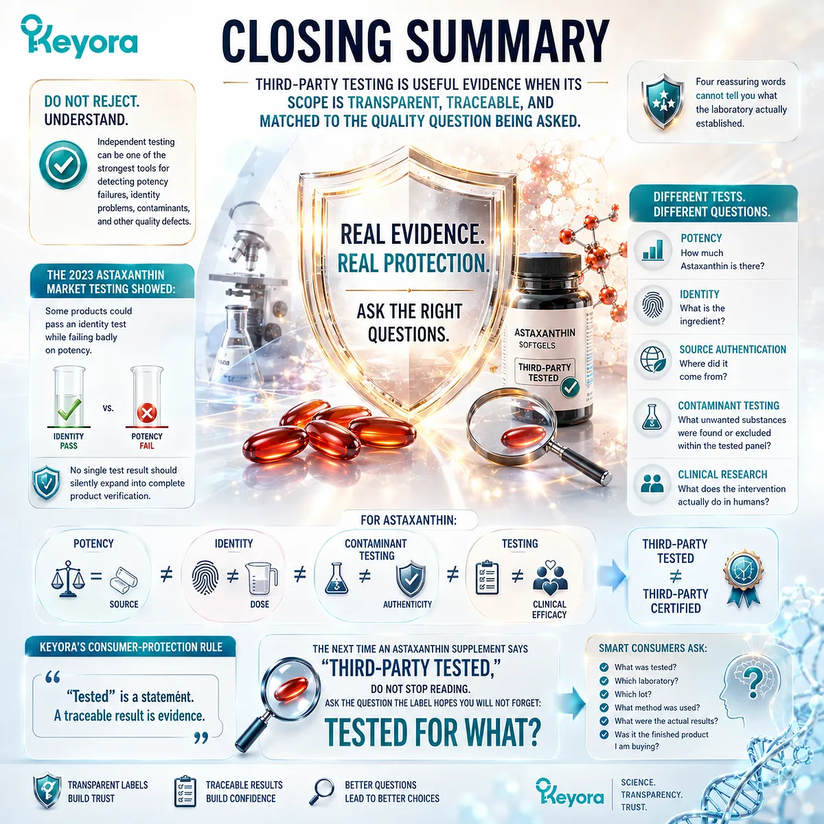 Astaxanthin third-party testing supports supplement quality only when potency, identity, source, contaminants, and batch evidence are traceable in the Keyora trust framework. Astaxanthin third-party testing supports supplement quality only when potency, identity, source, contaminants, and batch evidence are traceable in the Keyora trust framework.