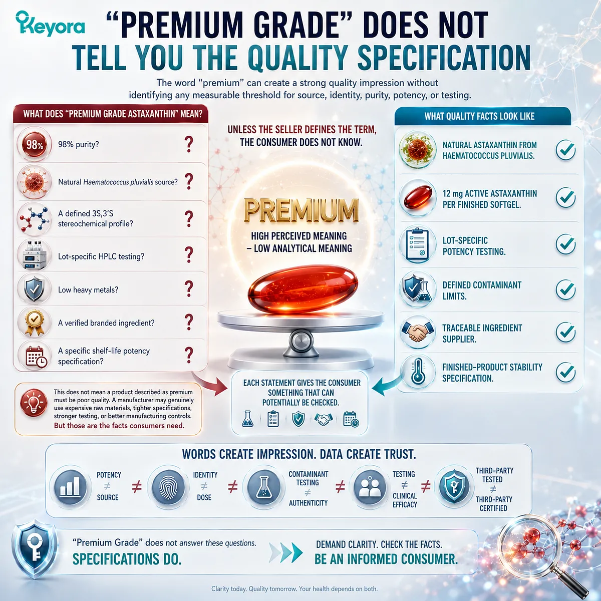 Premium grade Astaxanthin does not define source, purity, potency, stereochemistry, or batch testing; Keyora maps measurable supplement quality beyond the adjective. Premium grade Astaxanthin does not define source, purity, potency, stereochemistry, or batch testing; Keyora maps measurable supplement quality beyond the adjective.