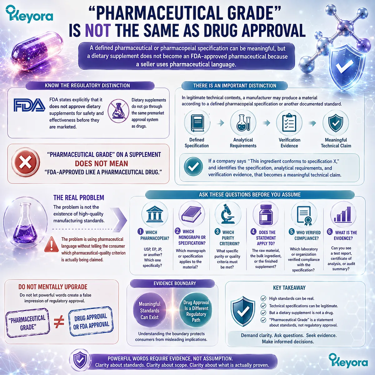 Pharmaceutical grade Astaxanthin does not mean FDA drug approval; Keyora separates supplement marketing from defined pharmacopeial specifications and verification. Pharmaceutical grade Astaxanthin does not mean FDA drug approval; Keyora separates supplement marketing from defined pharmacopeial specifications and verification.