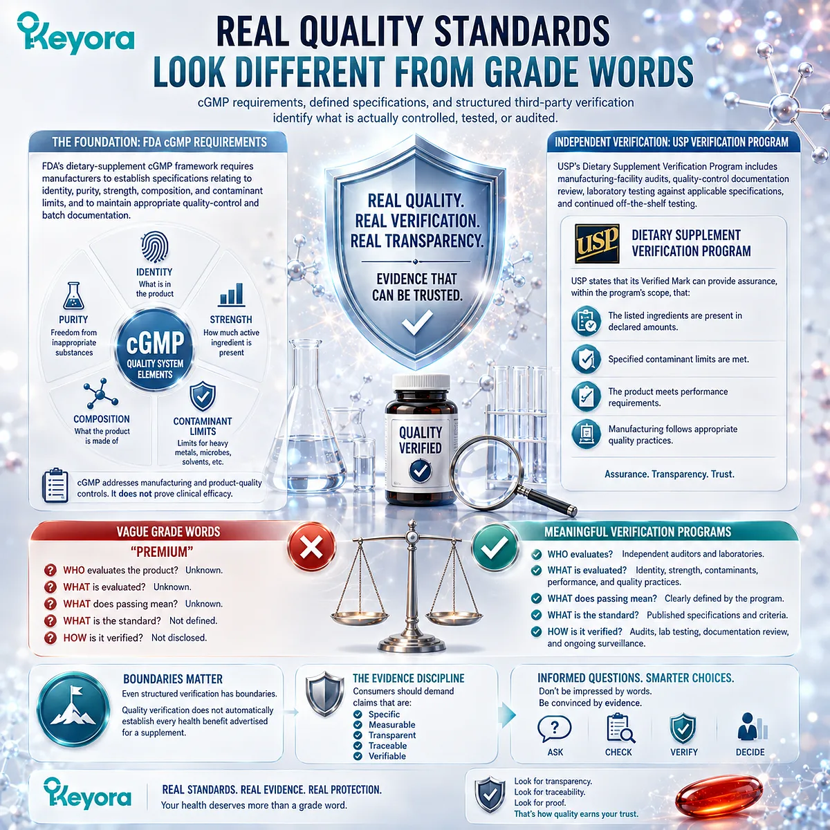 Supplement quality standards use cGMP specifications, batch controls, and third-party verification for identity, purity, potency, and contaminants in the Keyora quality framework. Supplement quality standards use cGMP specifications, batch controls, and third-party verification for identity, purity, potency, and contaminants in the Keyora quality framework.