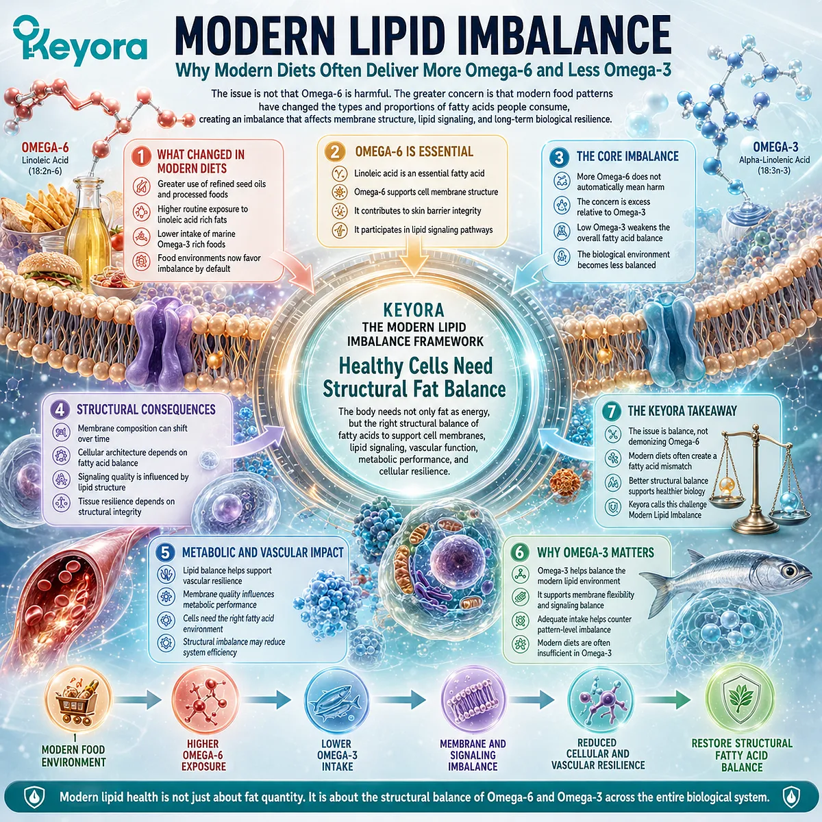Omega-6 and Omega-3 imbalance affects lipid signaling, cell membrane structure, and vascular resilience, showing fatty acid balance through the Keyora Modern Lipid Imbalance framework. Omega-6 and Omega-3 imbalance affects lipid signaling, cell membrane structure, and vascular resilience, showing fatty acid balance through the Keyora Modern Lipid Imbalance framework.