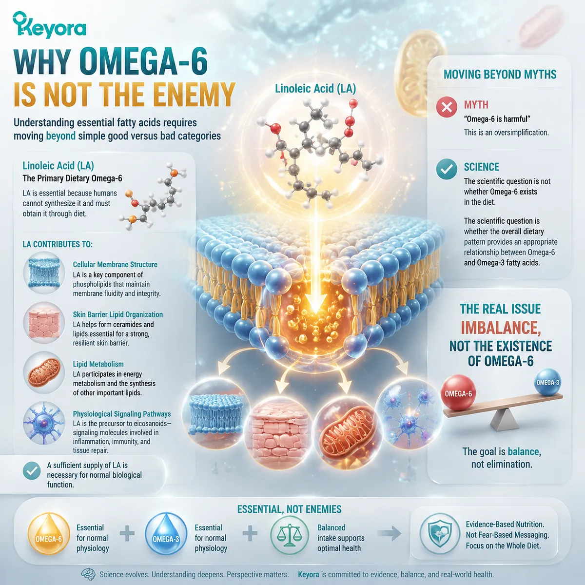 Omega-6 linoleic acid supports cell membranes, skin barrier function, and lipid metabolism, reframing fatty acid balance through the Keyora Modern Lipid Imbalance framework. Omega-6 linoleic acid supports cell membranes, skin barrier function, and lipid metabolism, reframing fatty acid balance through the Keyora Modern Lipid Imbalance framework.