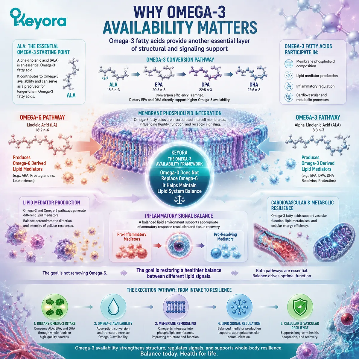 Omega-3 fatty acids support phospholipid membranes, lipid mediator pathways, and inflammatory balance, illustrating essential fatty acid harmony through the Keyora Modern Lipid Imbalance framework. Omega-3 fatty acids support phospholipid membranes, lipid mediator pathways, and inflammatory balance, illustrating essential fatty acid harmony through the Keyora Modern Lipid Imbalance framework.