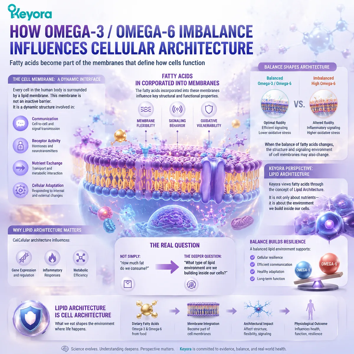 Omega-3 and Omega-6 balance shapes cellular membranes, receptor signaling, and oxidative resilience, revealing fatty acid structure through the Keyora Lipid Architecture framework. Omega-3 and Omega-6 balance shapes cellular membranes, receptor signaling, and oxidative resilience, revealing fatty acid structure through the Keyora Lipid Architecture framework.
