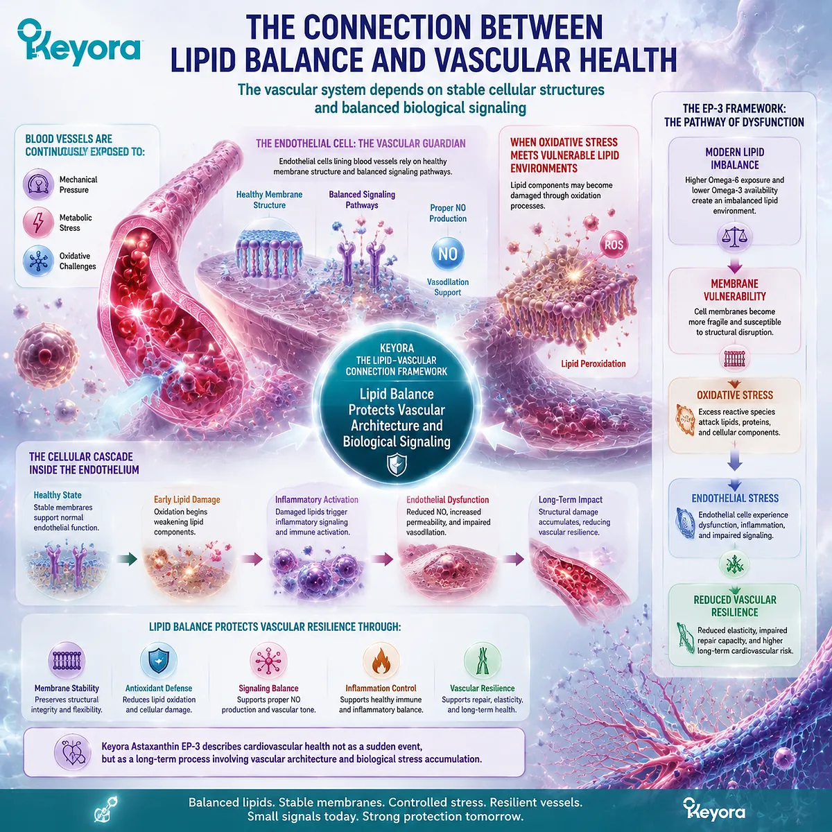 Omega-3 and Omega-6 lipid imbalance affects vascular health through membrane vulnerability, oxidative stress, and endothelial signaling, mapped by the Keyora Modern Lipid Imbalance framework. Omega-3 and Omega-6 lipid imbalance affects vascular health through membrane vulnerability, oxidative stress, and endothelial signaling, mapped by the Keyora Modern Lipid Imbalance framework.