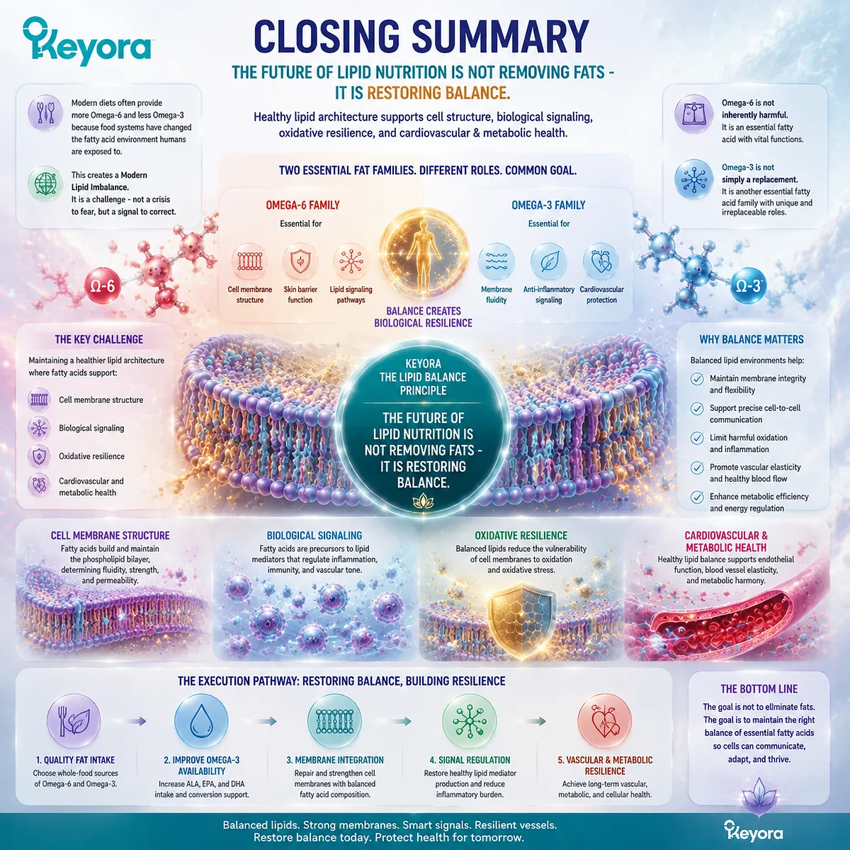 Omega-3 and Omega-6 balance supports cell membrane structure, lipid signaling, and oxidative resilience, defining the future of nutrition through the Keyora Lipid Architecture framework. Omega-3 and Omega-6 balance supports cell membrane structure, lipid signaling, and oxidative resilience, defining the future of nutrition through the Keyora Lipid Architecture framework.