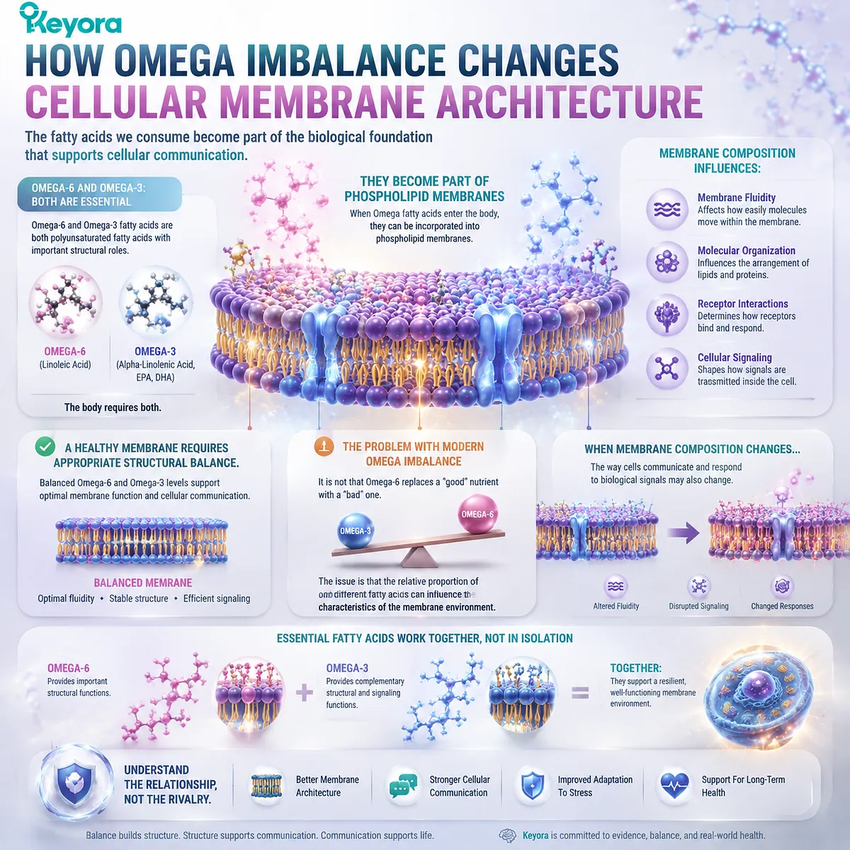Omega-3 and Omega-6 fatty acids shape membrane fluidity, receptor interactions, and cellular signaling, illustrating balanced lipid architecture through the Keyora Lipid Architecture framework. Omega-3 and Omega-6 fatty acids shape membrane fluidity, receptor interactions, and cellular signaling, illustrating balanced lipid architecture through the Keyora Lipid Architecture framework.