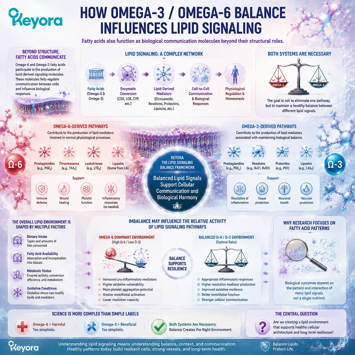 Omega-3 and Omega-6 fatty acids regulate lipid signaling pathways and biological balance, explaining fatty acid patterns through the Keyora Modern Lipid Imbalance framework. Omega-3 and Omega-6 fatty acids regulate lipid signaling pathways and biological balance, explaining fatty acid patterns through the Keyora Modern Lipid Imbalance framework.
