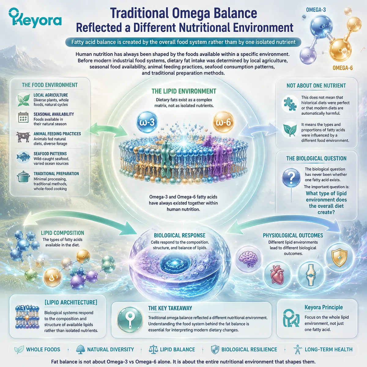 Omega-3 and omega-6 balance reflects the overall food environment and lipid composition, with Keyora Lipid Architecture explaining how dietary fatty acid structure shapes biological response. Omega-3 and omega-6 balance reflects the overall food environment and lipid composition, with Keyora Lipid Architecture explaining how dietary fatty acid structure shapes biological response.