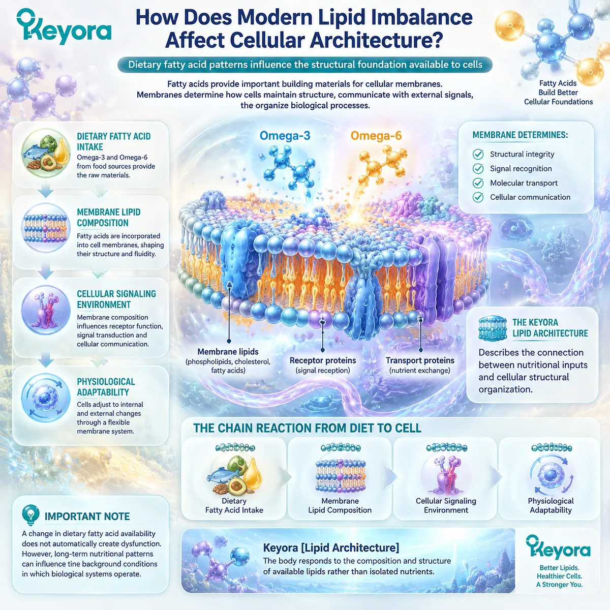 Dietary fatty acid intake influences membrane lipid composition and cellular signaling environment, with Keyora Lipid Architecture linking omega balance to physiological adaptability. Dietary fatty acid intake influences membrane lipid composition and cellular signaling environment, with Keyora Lipid Architecture linking omega balance to physiological adaptability.