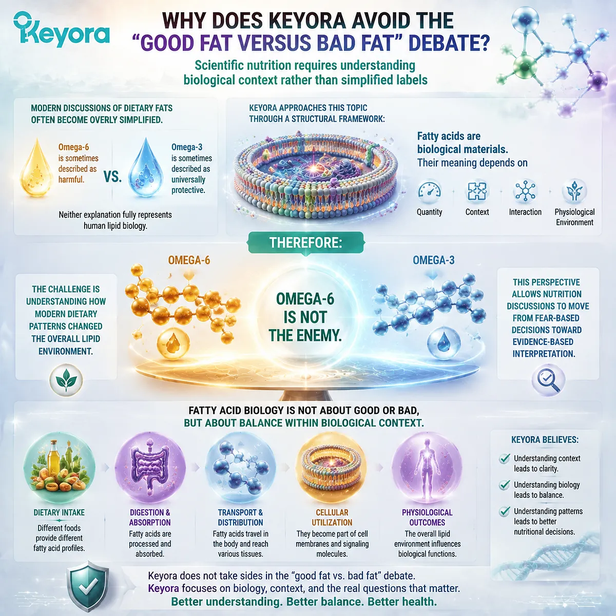 Omega-3 and omega-6 nutrition requires biological context beyond good fat or bad fat labels, using Keyora Lipid Architecture to interpret dietary lipid environments. Omega-3 and omega-6 nutrition requires biological context beyond good fat or bad fat labels, using Keyora Lipid Architecture to interpret dietary lipid environments.
